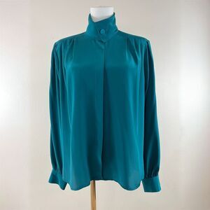 Vintage 80s Anna Kristie Teal Liquid Satin High Collar Secretary Blouse Size 8
